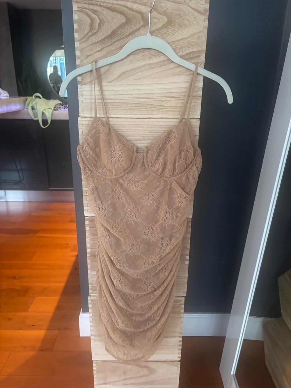 Camila Coelho Lace Ruched Mini Dress in Tan